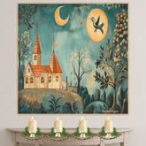 Moonlit Folk Art Dreamscape – Whimsical Church, Trees & Bird in Antique Style on Ready to Hang 1.5" Thick Canvas Wrap, Floating Framed Canvas, Flat Rolled Canvas